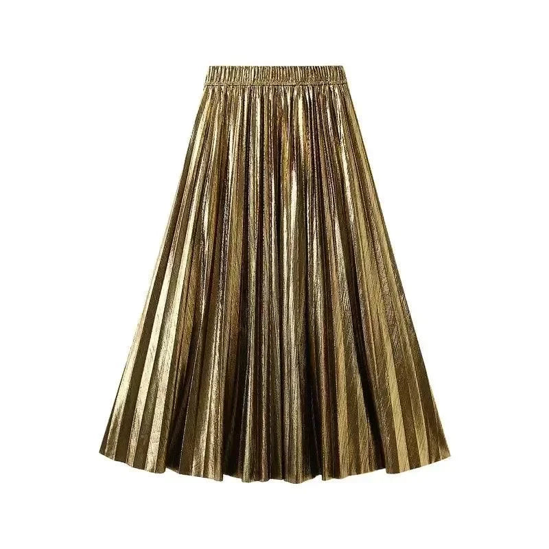 Women Pleated Skirt Metallic High Waist - Midi Women Skirt