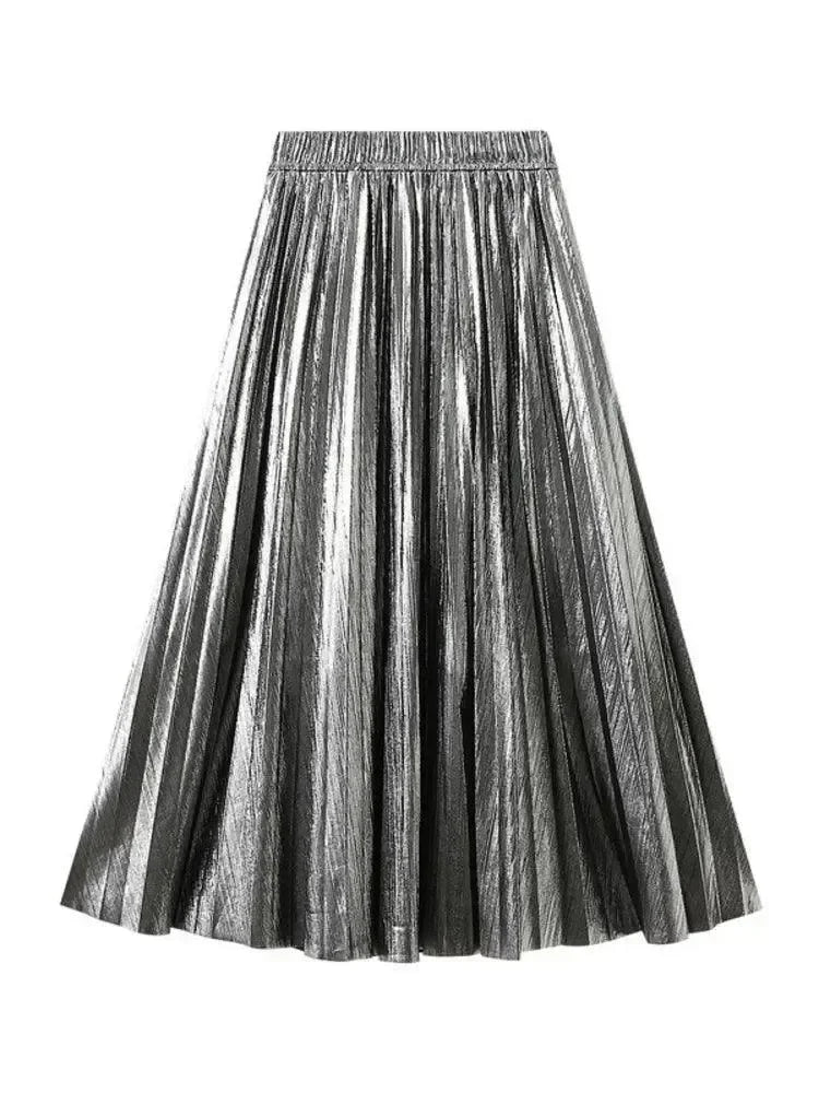 Women Pleated Skirt Metallic High Waist - Midi Women Skirt