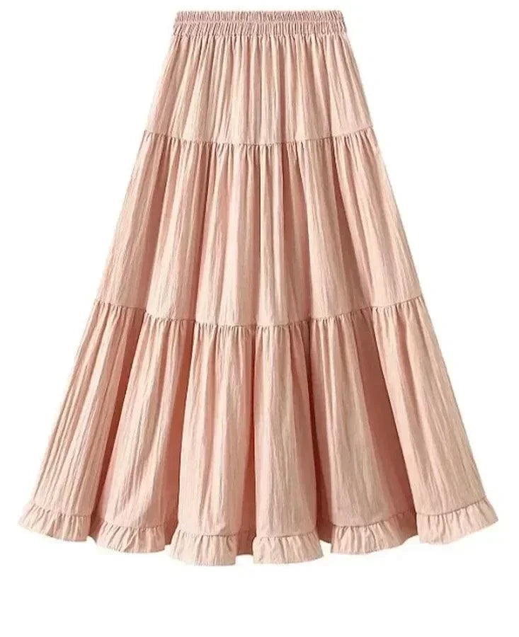 Women Pleated Skirt Patchwork Ruffled - A-Line Midi Women Skirt