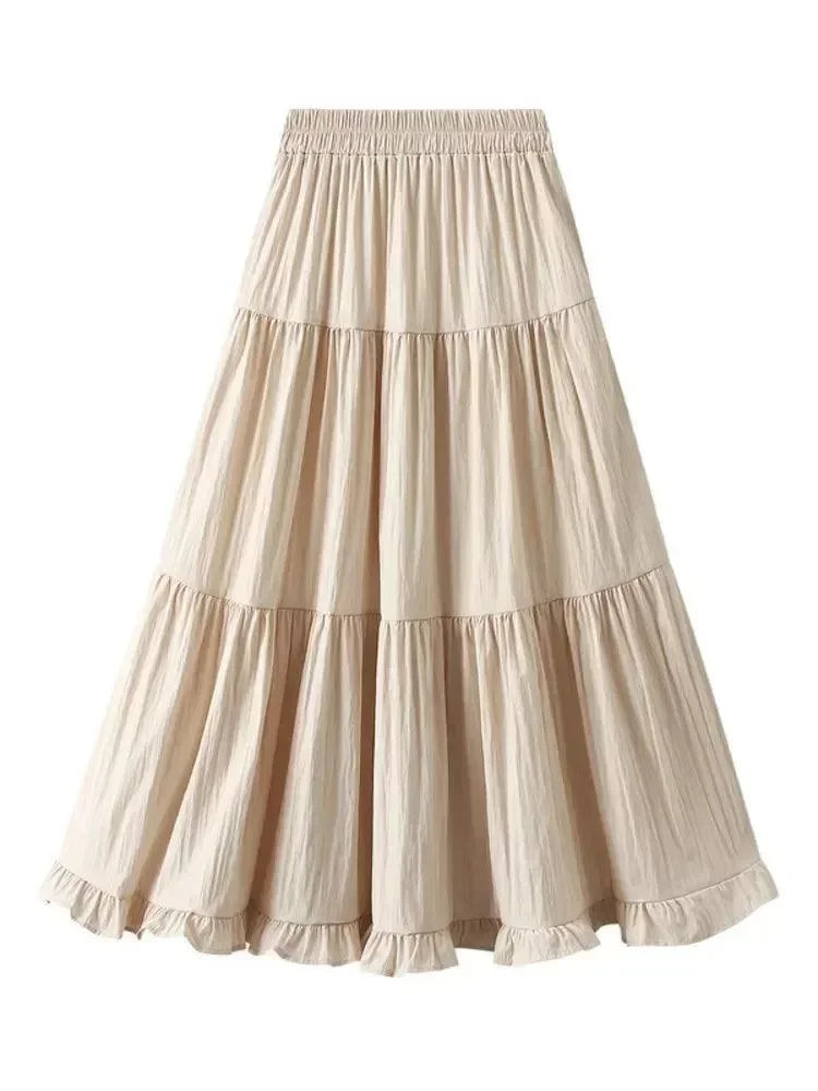 Women Pleated Skirt Patchwork Ruffled - A-Line Midi Women Skirt