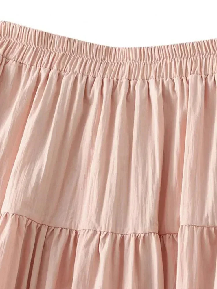 Women Pleated Skirt Patchwork Ruffled - A-Line Midi Women Skirt