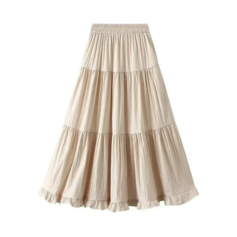 Women Pleated Skirt Patchwork Ruffled - A-Line Midi Women Skirt