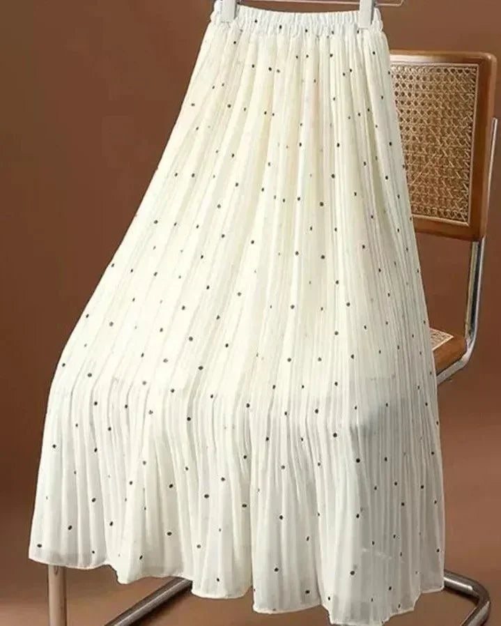 Women Pleated Skirt Polka Dot Chiffon - High Waist Midi Women Skirt