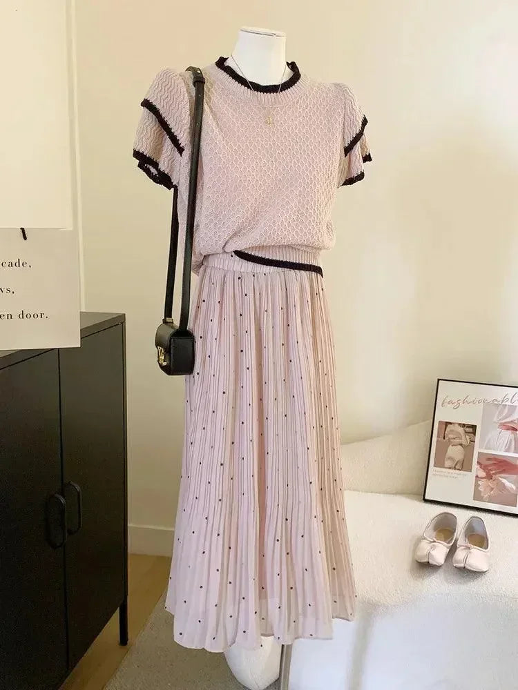 Women Pleated Skirt Polka Dot Chiffon - High Waist Midi Women Skirt