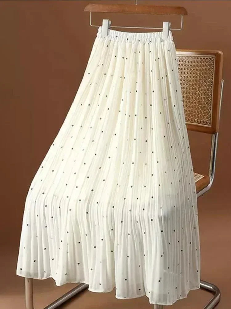 Women Pleated Skirt Polka Dot Chiffon - High Waist Midi Women Skirt