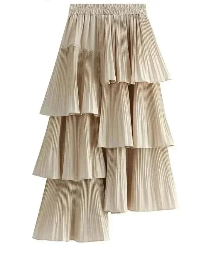 Women Pleated Skirt Ruffled Asymmetric - High Waist Midi Women Skirt