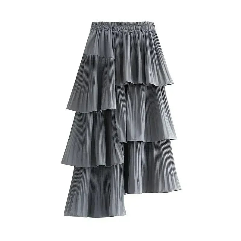 Women Pleated Skirt Ruffled Asymmetric - High Waist Midi Women Skirt