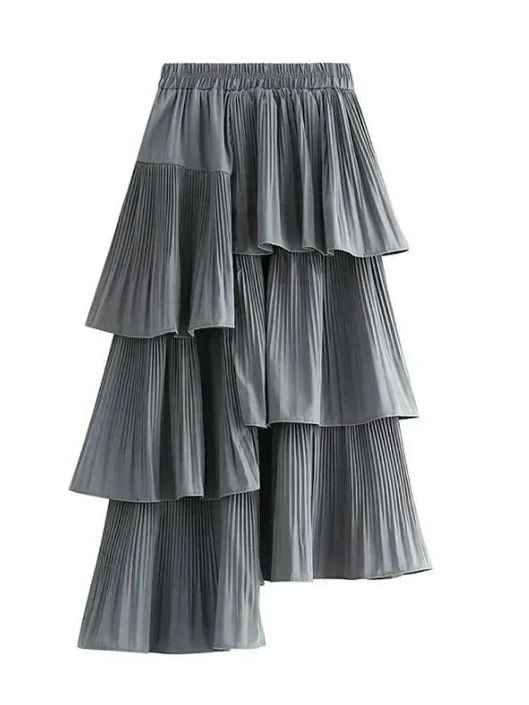 Women Pleated Skirt Ruffled Asymmetric - High Waist Midi Women Skirt