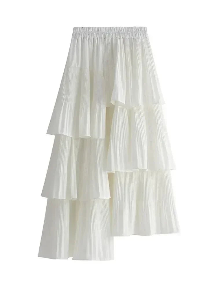 Women Pleated Skirt Ruffled Asymmetric - High Waist Midi Women Skirt