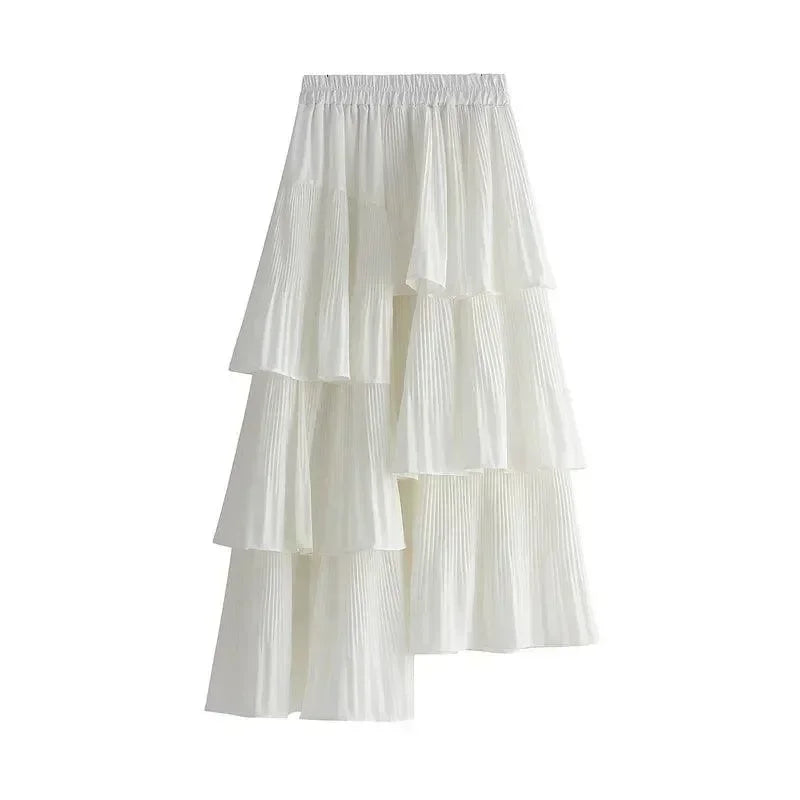 Women Pleated Skirt Ruffled Asymmetric - High Waist Midi Women Skirt