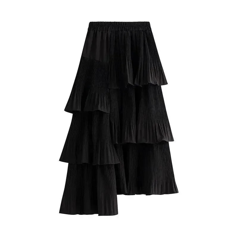 Women Pleated Skirt Ruffled Asymmetric - High Waist Midi Women Skirt