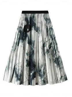 Women Pleated Skirt Vintage Ink Print - High Waist Midi Women Skirt - Guocali
