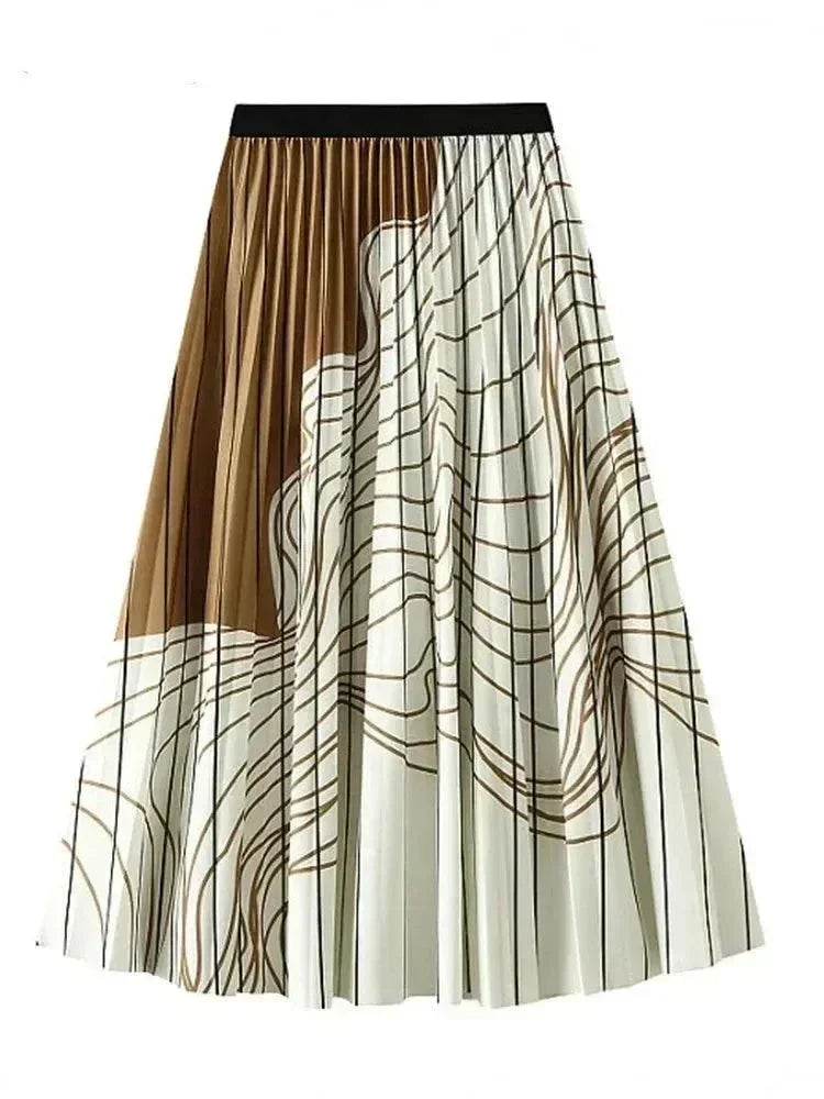 Women Pleated Skirt Vintage Striped - High Waist Midi Women Skirt