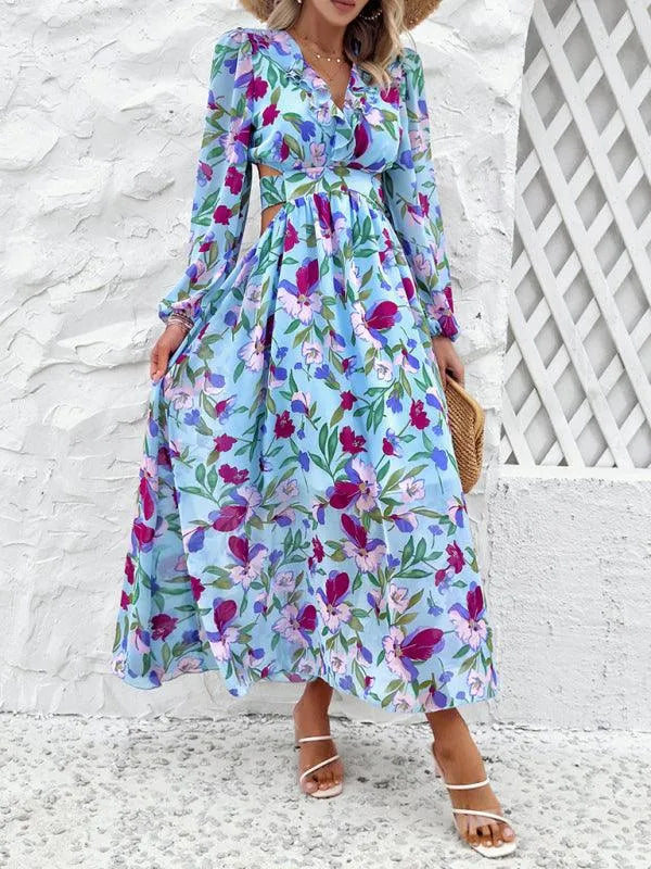 Women Ruffled Waist Printed Summer Dress