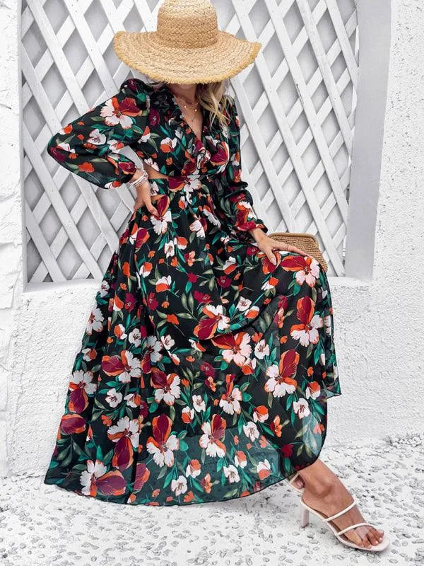 Women Ruffled Waist Printed Summer Dress