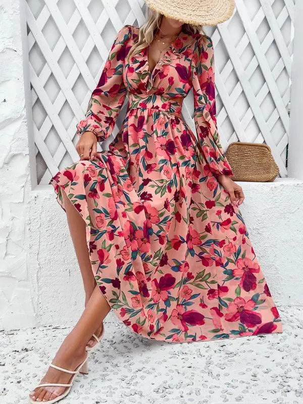 Women Ruffled Waist Printed Summer Dress -Guocali