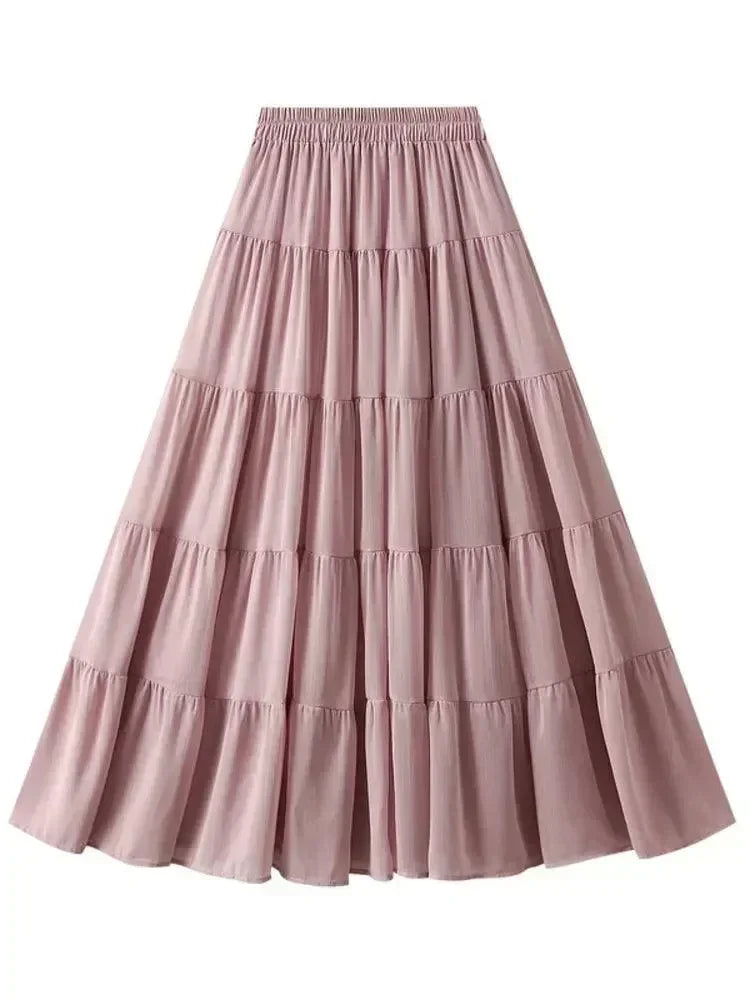 Women's High Waist Pleated Skirt - Elegant Midi Patchwork Mesh Skirt