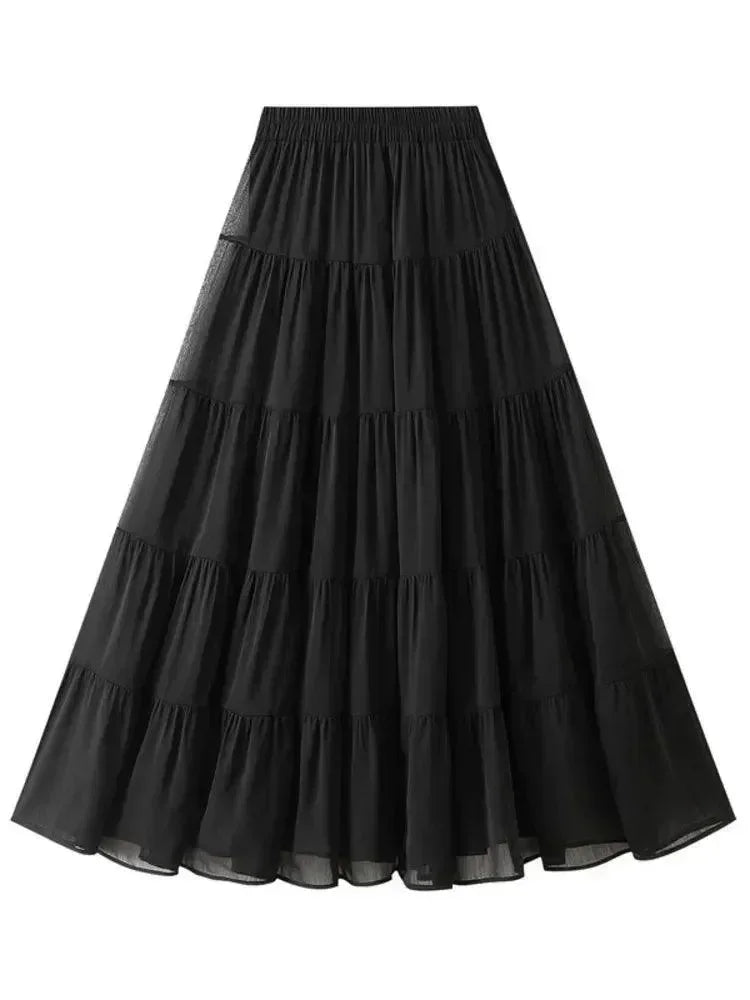 Women's High Waist Pleated Skirt - Elegant Midi Patchwork Mesh Skirt