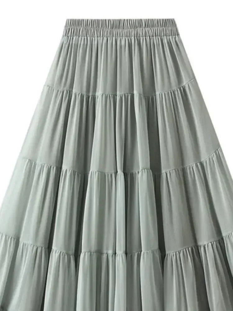 Women's High Waist Pleated Skirt - Elegant Midi Patchwork Mesh Skirt