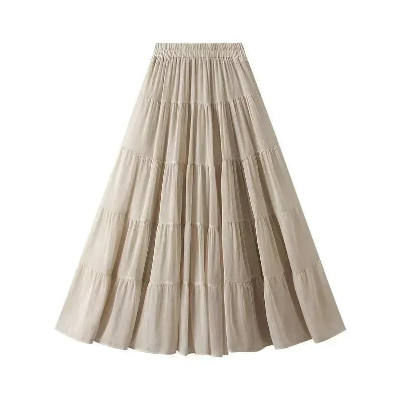 Women's High Waist Pleated Skirt - Elegant Midi Patchwork Mesh Skirt