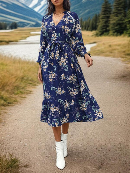 Women's Long Sleeve Floral Dress - Floral Dress - Guocali