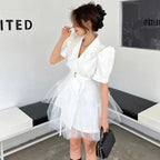 Women’s Notched Puff Sleeve Mesh Dress – Elegant Summer Outfit -Guocali
