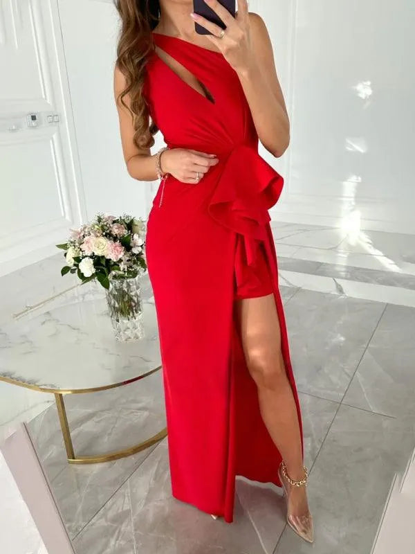 Woman in a red one-shoulder maxi dress with a ruffle and side slit fashion image