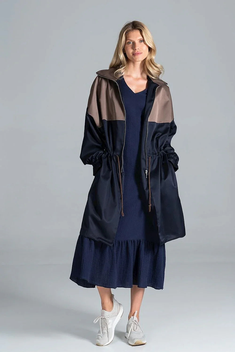 Women's Parka - Drawstring Waist Casual - Navy, Brown