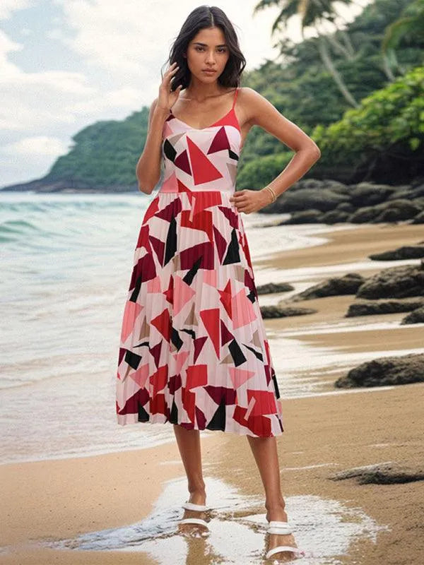 Women's Sling Geometric Print A-Line Midi Dress -Guocali