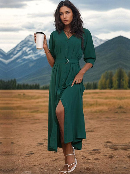 Women's V-Neck Green Dress With Belt - Long Dress - Guocali