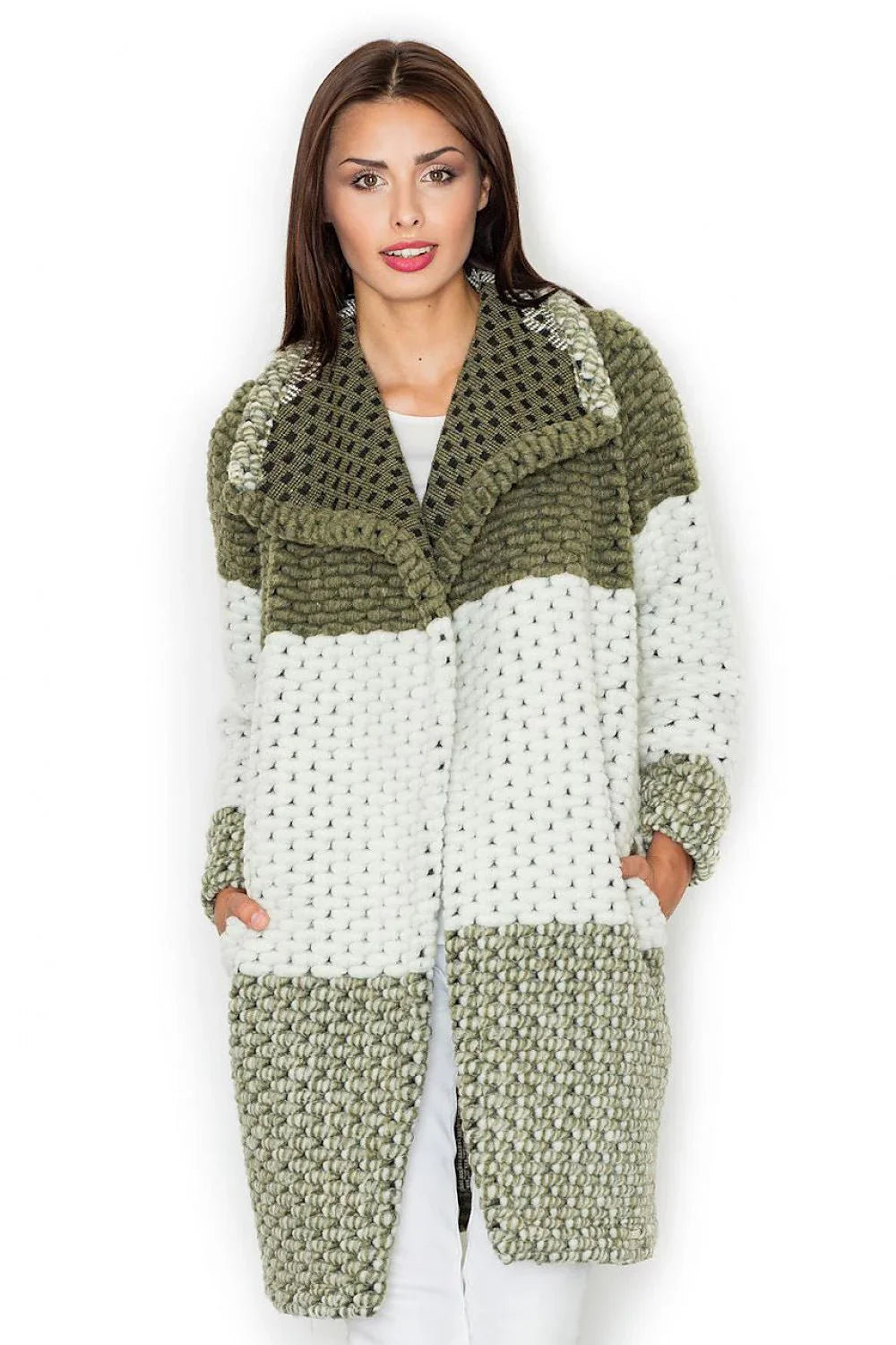 Women's Wool Coat, Wrap Coat - With Pockets Chic, Casual, White