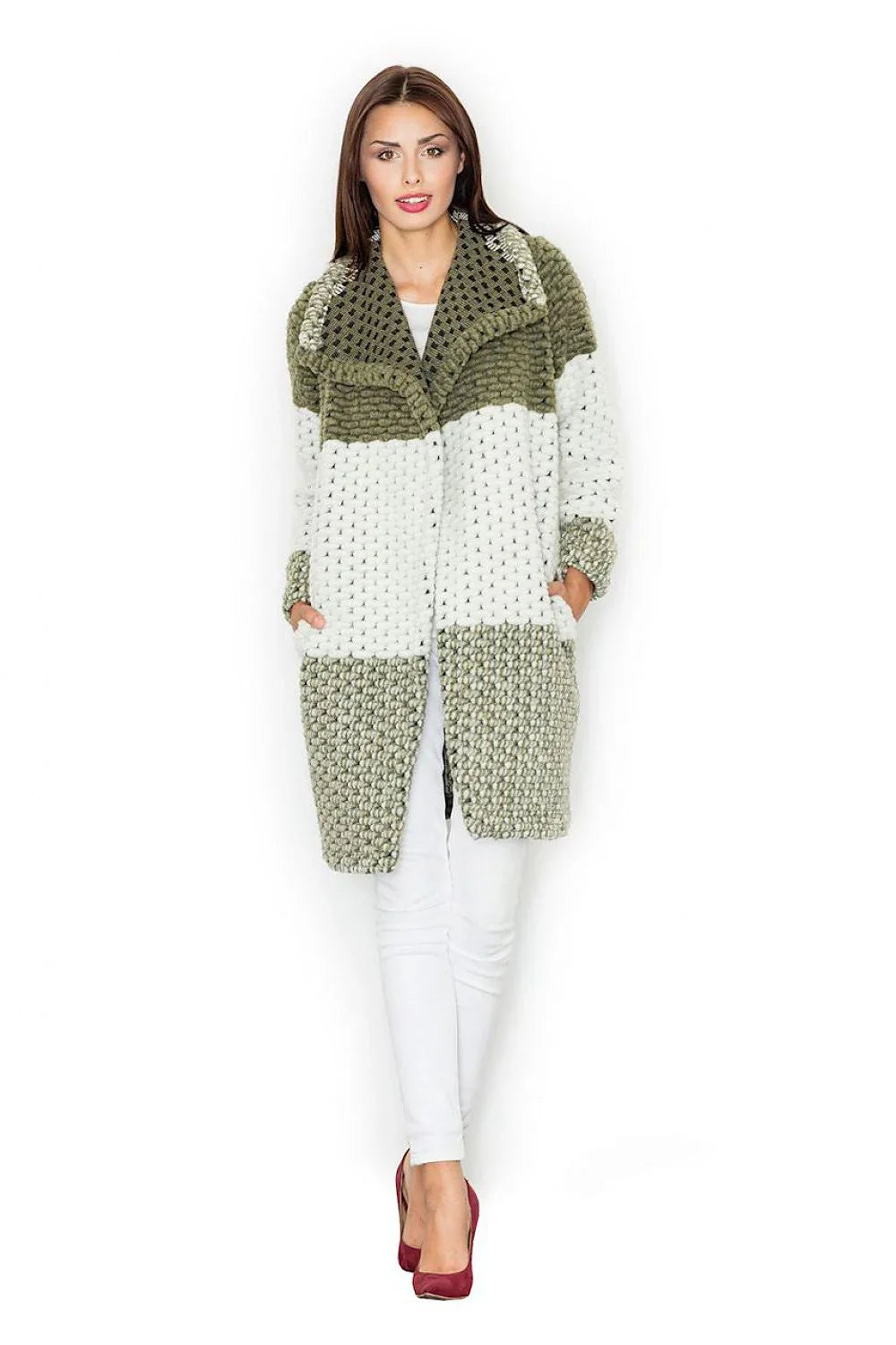 Women's Wool Coat, Wrap Coat - With Pockets Chic, Casual, White