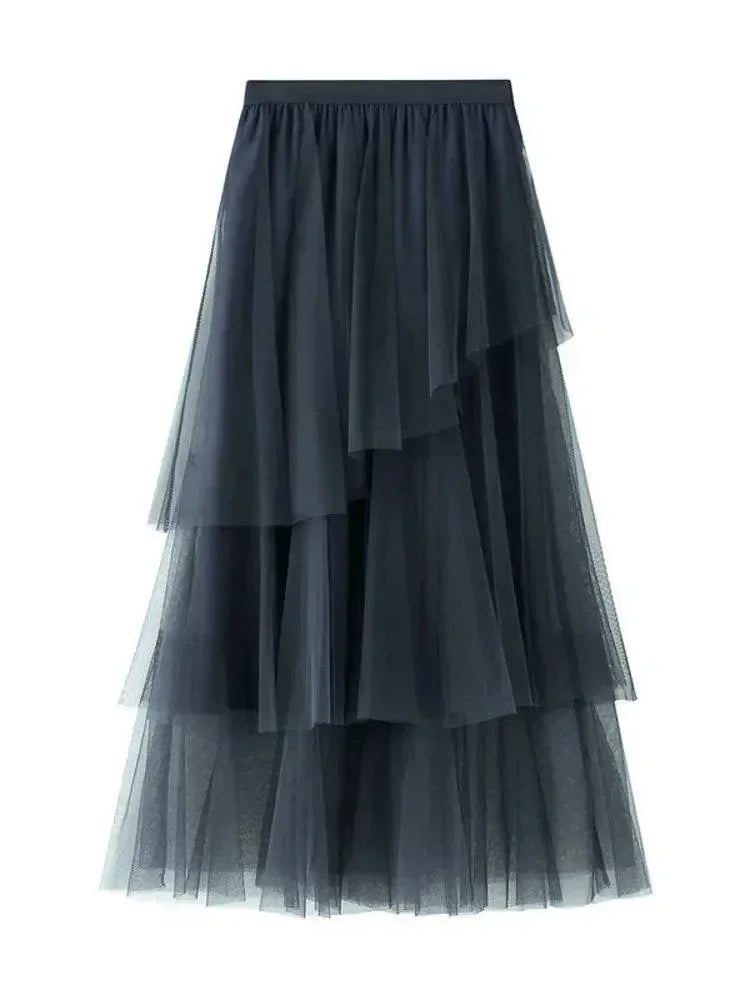 Women Tiered Skirt Asymmetric Mesh - High Waist Midi Women Skirt