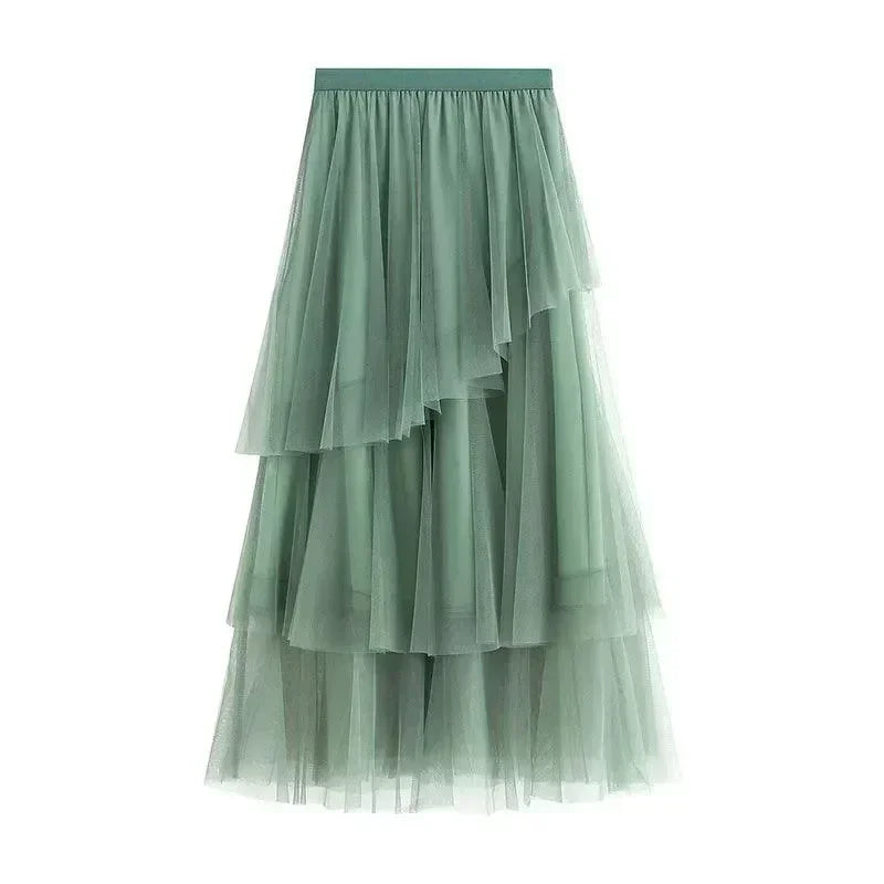 Women Tiered Skirt Asymmetric Mesh - High Waist Midi Women Skirt