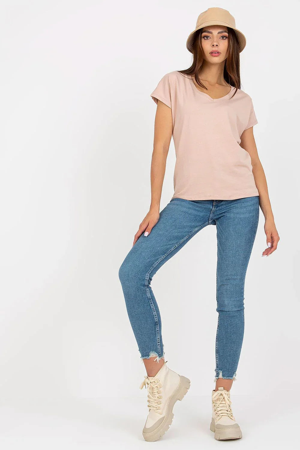 Women V-Neck Short-Sleeves T-Shirt – Stretchable - Beige -Guocali