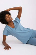 Women V-Neck Short-Sleeves T-Shirt – Stretchable - Blue -Guocali