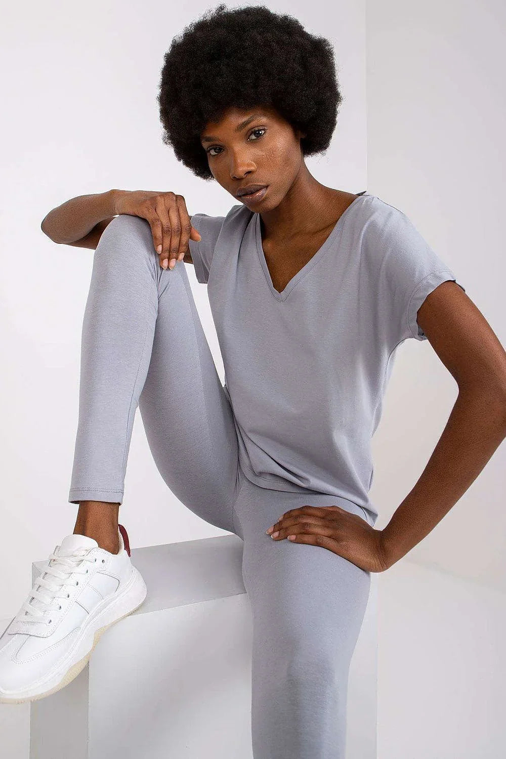 Women V-Neck Short-Sleeves T-Shirt – Stretchable - Gray -Guocali