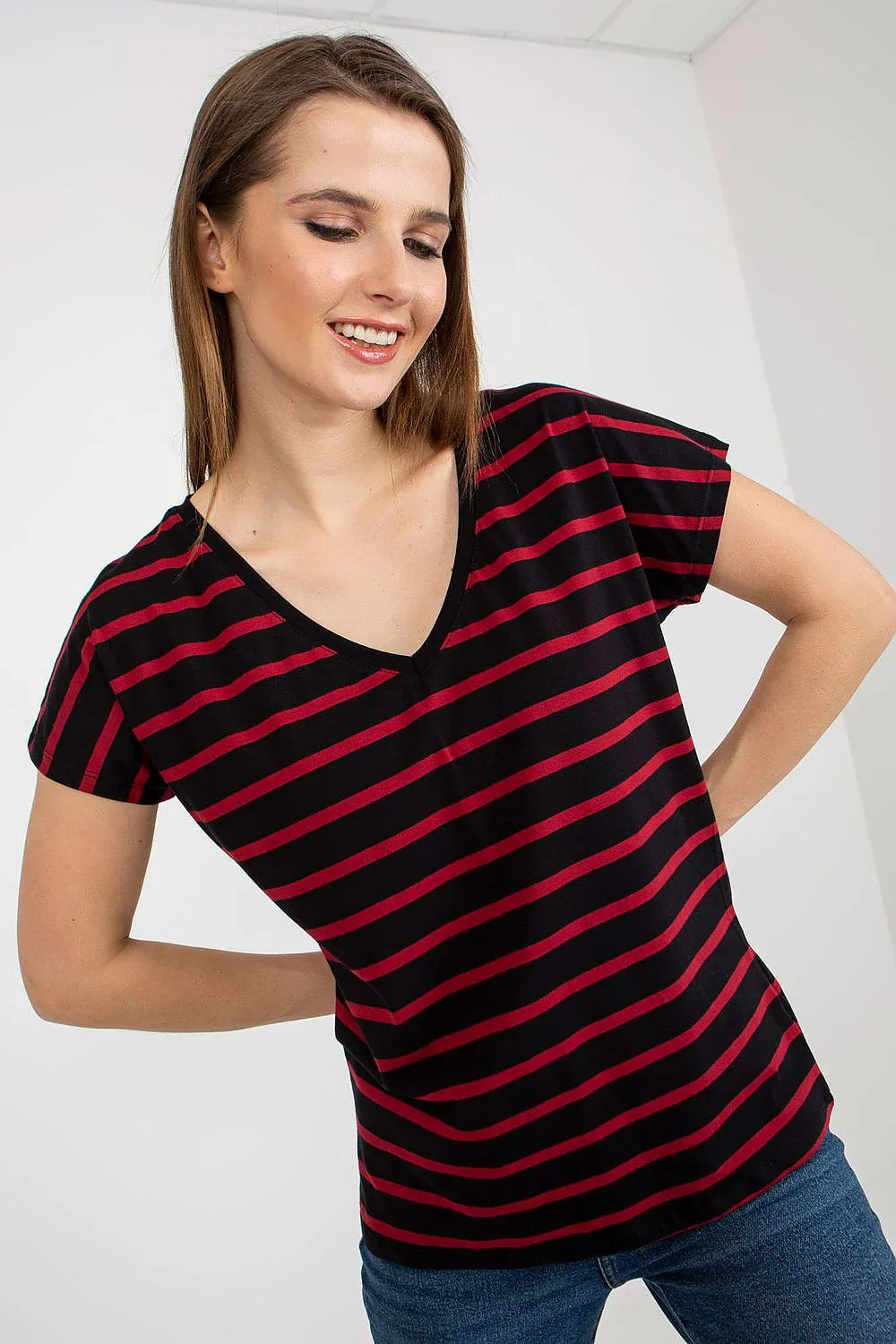 Women V-Neck Short-Sleeves T-Shirt – Stretchable, Red