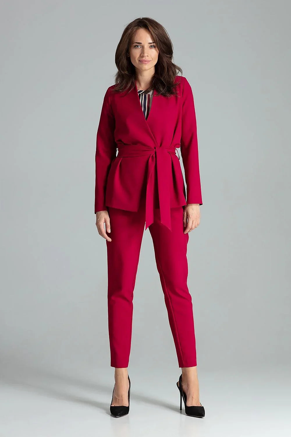 Women's Blazer - Belted Wrap Solid - Regular Fit Hip-Length - Red – Suit Jacket | GUOCALI – view 2