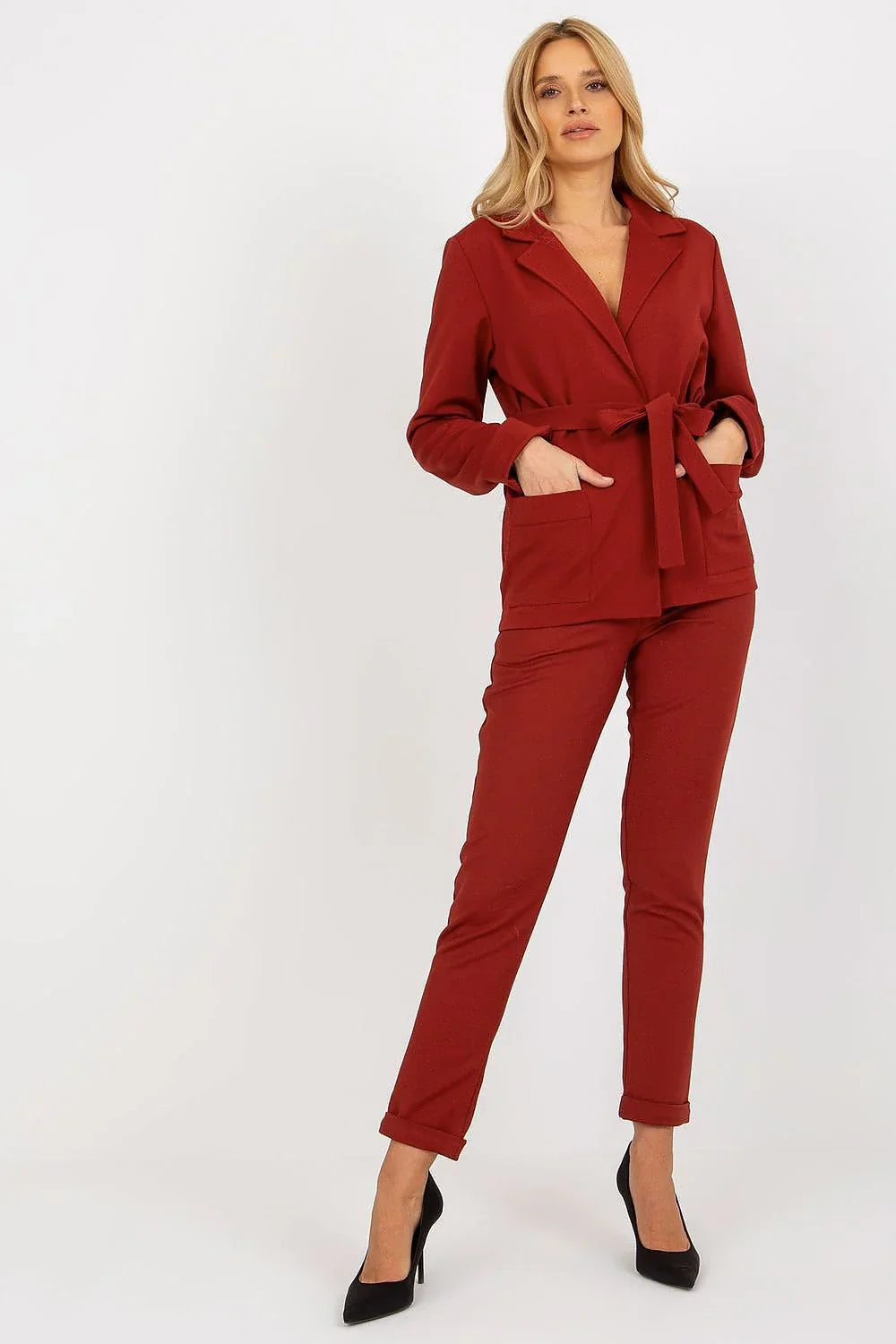 Women's Blazer - Belted Wrap Solid Wool - Regular Fit Hip-Length - Red – Suit Jacket | GUOCALI – view 2