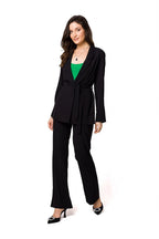 Women's Blazer - Belted Wrap Solid Wool - Regular Fit Longline - Black – Blazer | GUOCALI – view 2