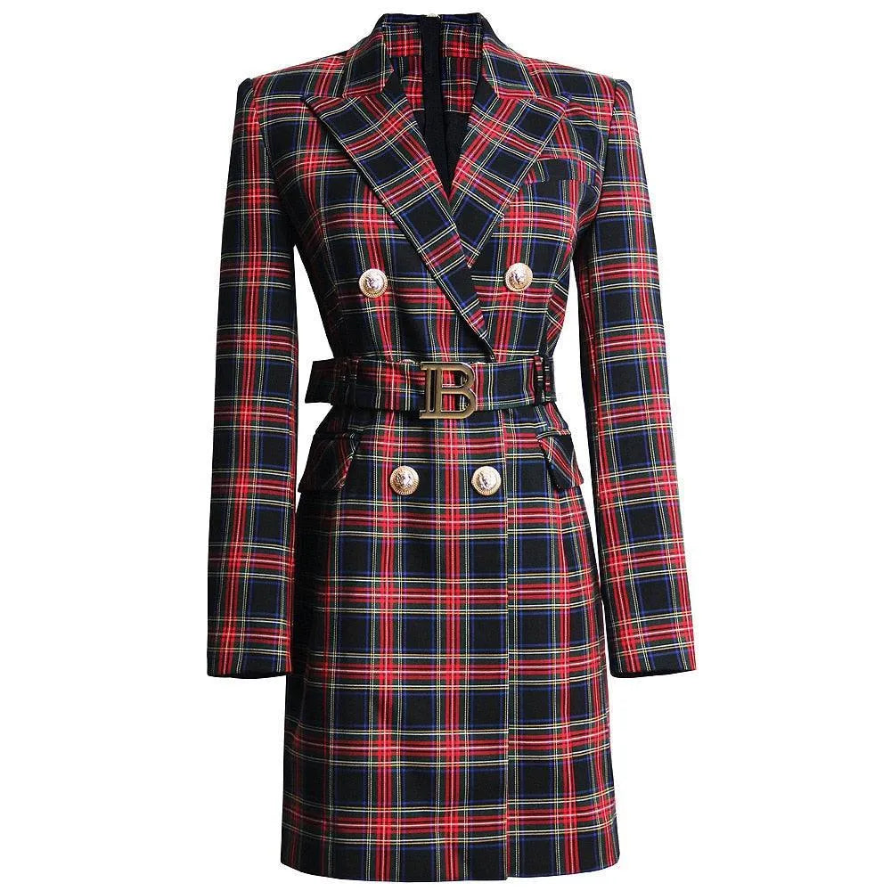 Women's Blazer - Double-Breasted Plaid - Slim Fit Thigh-Length - Black – Blazer | GUOCALI