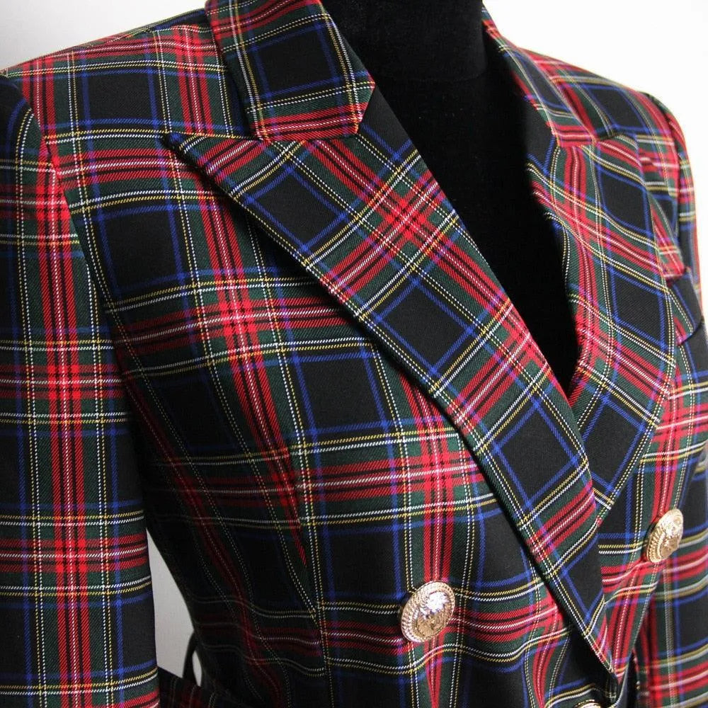 Women's Blazer - Double-Breasted Plaid - Slim Fit Thigh-Length - Black – Blazer | GUOCALI – view 5