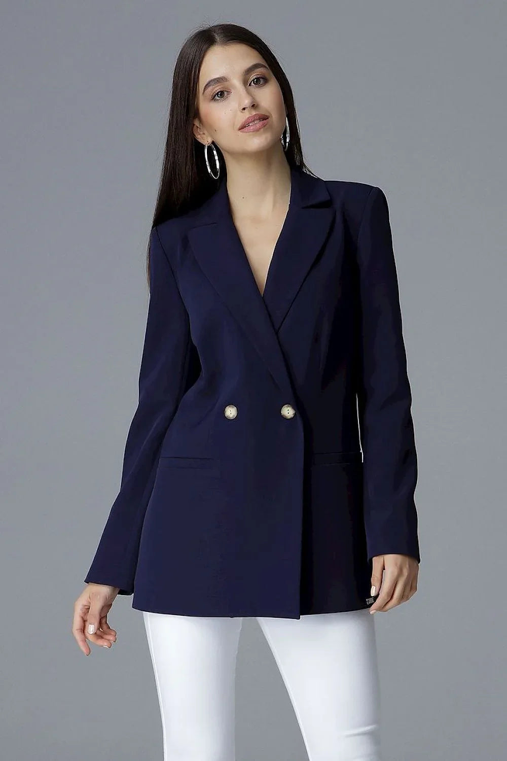 Women's Blazer - Double-Breasted Solid - Slim Fit Hip-Length - Navy – Suit Jacket | GUOCALI