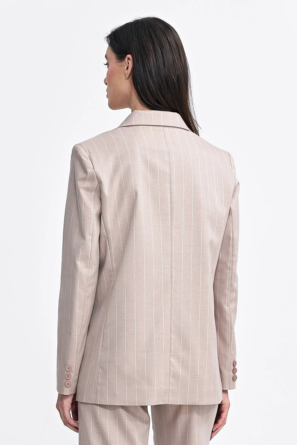 Women's Blazer - Double-Breasted Striped Satin - Oversized Hip-Length - Beige – Suit Jacket | GUOCALI – view 3