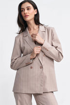 Women's Blazer - Double-Breasted Striped Satin - Oversized Hip-Length - Beige – Suit Jacket | GUOCALI – view 4