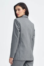 Women's Blazer - Double-Breasted Striped Satin - Oversized Hip-Length - Gray – Suit Jacket | GUOCALI – view 3