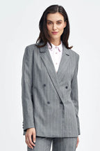 Women's Blazer - Double-Breasted Striped Satin - Oversized Hip-Length - Gray – Suit Jacket | GUOCALI – view 4