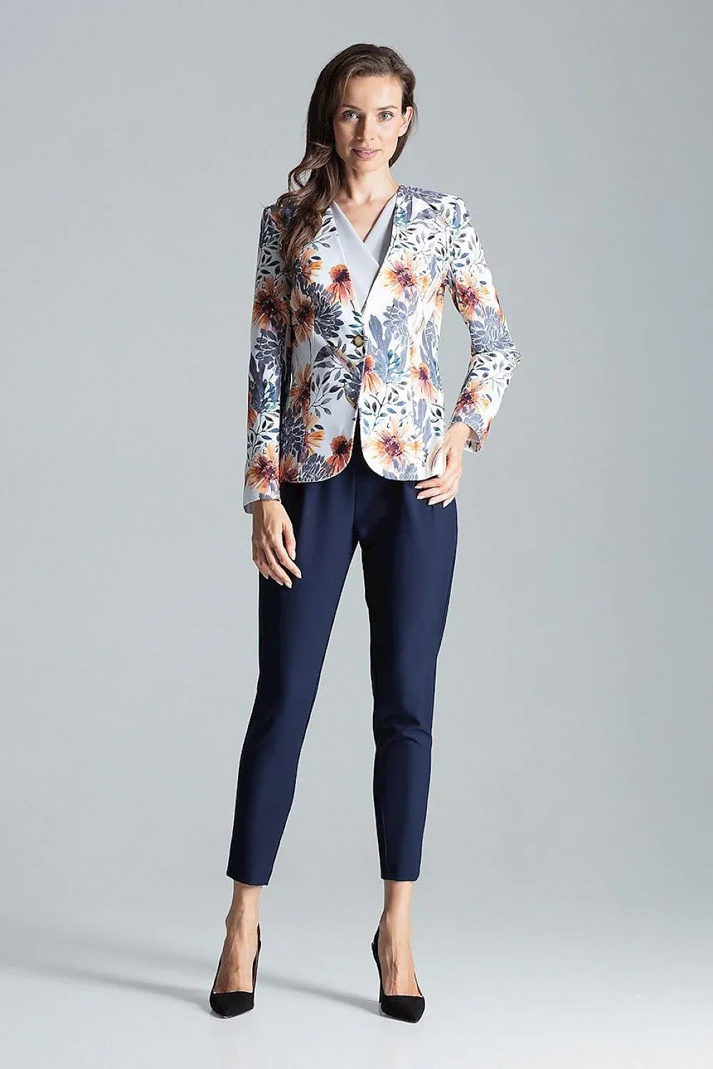 Women's Blazer - One-Button Floral Modal - Slim Fit Hip-Length - Light Grey – Blazer | GUOCALI – view 2