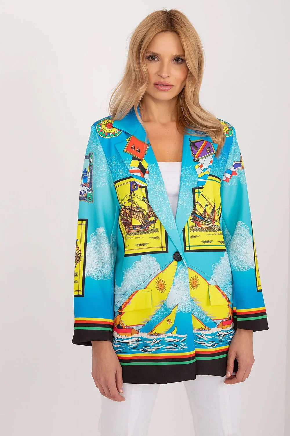 Women's Blazer - One-Button Geometric - Regular Fit Thigh-Length - Blue – Blazer | GUOCALI